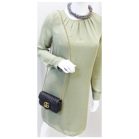 GUCCI GG Marmont Matelasse Black Leather Super Mini Crossbody Bag