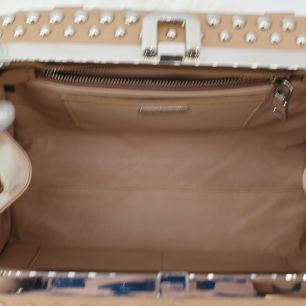 PRADA Vernice Crystal Small Frame Studded Saffiano Leather Top Handle Bag Beige