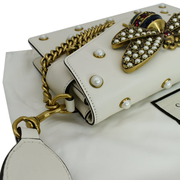 Gucci Broadway Pearl Bee Leather Crossbody Bag White