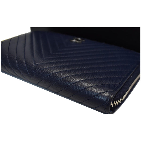 CHANEL Large Gusset Caviar Chevron Quilted Zip Around Wallet Bright Blue