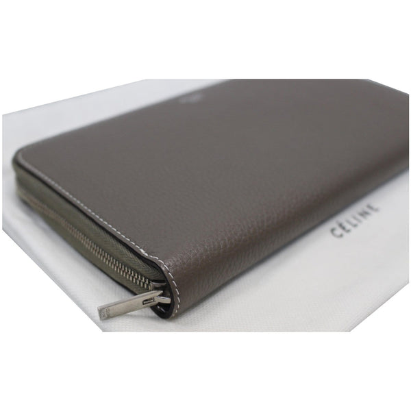 CELINE Large Zip Around Multifunction Drummed Calfskin Wallet Taupe Grey