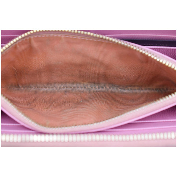 PRADA Striped Perforated Saffiano Leather Zip Around Wallet Pink/Yellow