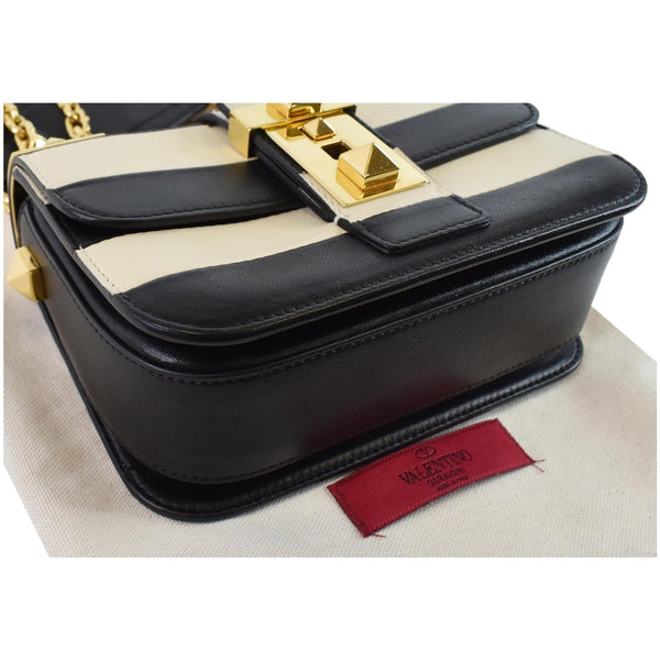 VALENTINO Striped B Rockstud Leather Shoulder Bag Ivory