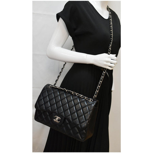 CHANEL Classic Jumbo Double Flap Lambskin Leather Shoulder Bag Black