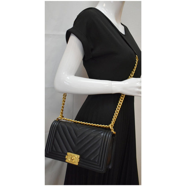 CHANEL Medium Boy Flap Chevron Leather Shoulder Bag Black