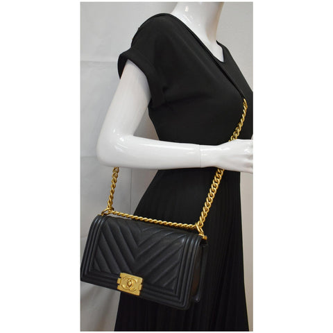 CHANEL Medium Boy Flap Chevron Leather Shoulder Bag Black