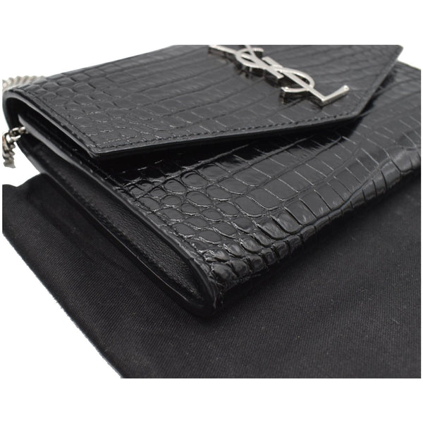 YVES SAINT LAURENT Uptown Crocodile-Embossed Crossbody Chain Wallet Black