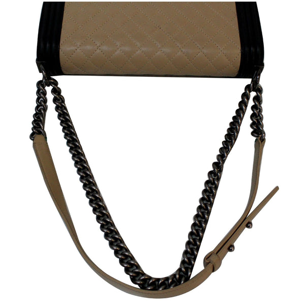 CHANEL Bi-Color Large Boy Flap Quilted Lambskin Leather Shoulder Bag Beige