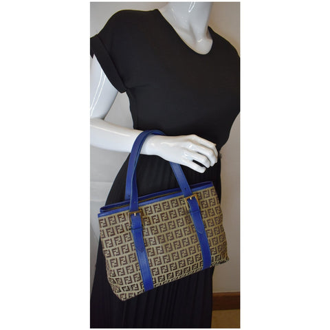 FENDI Zucchino Print Canvas Leather Tote Bag Blue/Brown
