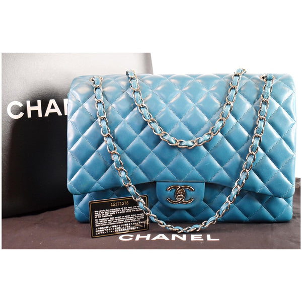 CHANEL Maxi Double Flap Calfskin Leather Shoulder Bag Turquoise