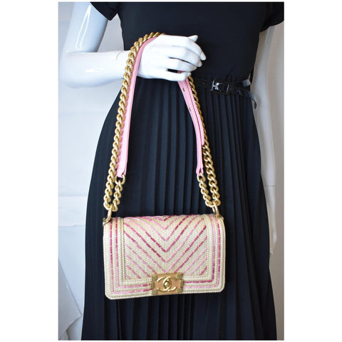 CHANEL Small Boy Chevron Cotton Mixed Fibers Shoulder Bag Pink