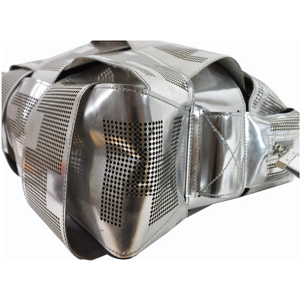 FENDI Crossword Metallic Perforated Leather Shoulder Bag Silver