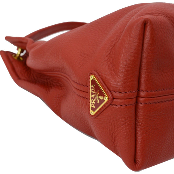 PRADA Vitello Phenix Leather Embossed Logo Hobo Bag Red