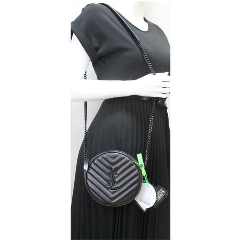 YVES SAINT LAURENT Vinyle Round Chevron Leather Camera Crossbody Bag Black