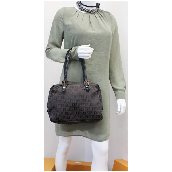 FENDI Top Handle Zucca Fabric Canvas Tote Brown