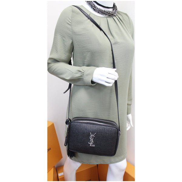 YVES SAINT LAURENT Lou Camera Raffia Canvas Crossbody Bag Black
