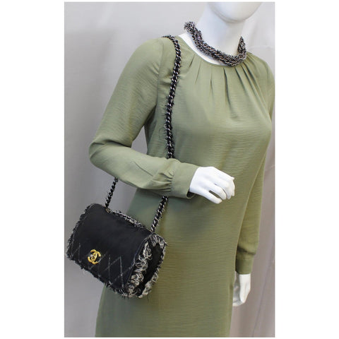 CHANEL Tweed Lambskin Leather Flap Bag Black
