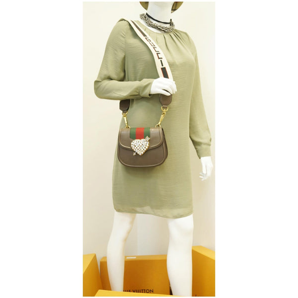 GUCCI Jeweled Heart Leather Totem Messenger Bag Brown 500756