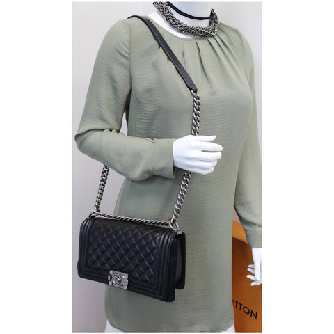 CHANEL Medium Boy Quilted Caviar Leather Shoulder Bag Black