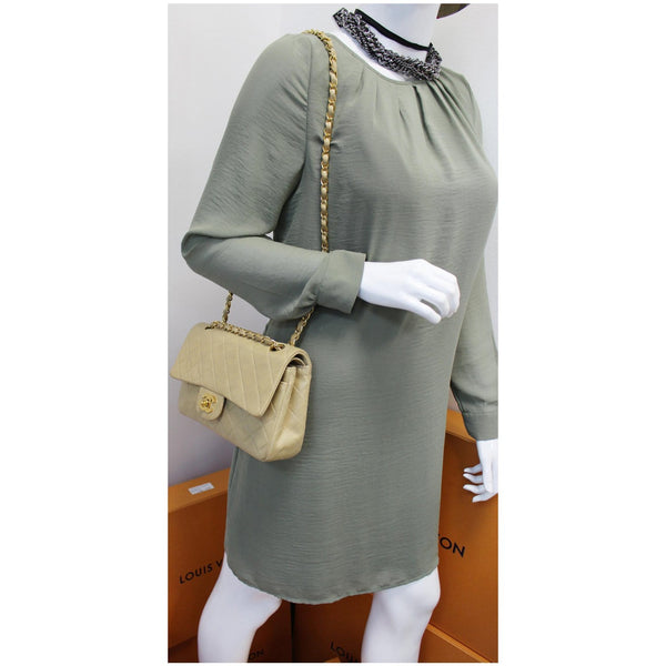 CHANEL CC Double Flap Calfskin Leather Chain Shoulder Bag Beige