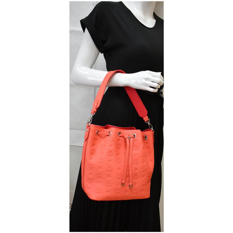 MCM Essential Drawstring Monogram Leather Shoulder Bag