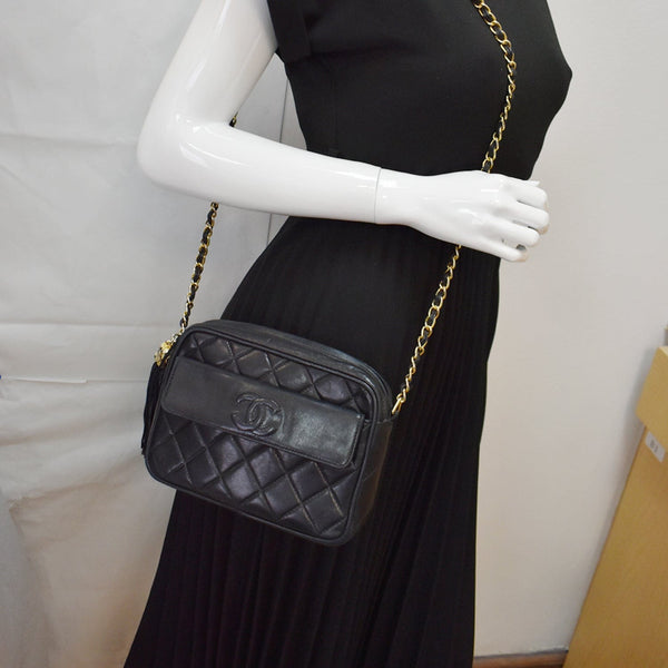 CHANEL Vintage Lambskin Leather Camera Shoulder Bag Black
