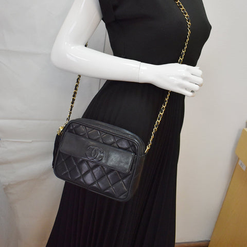 CHANEL Vintage Lambskin Leather Camera Shoulder Bag Black