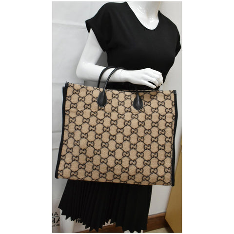GUCCI GG Monogram Wool Tote Shoulder Bag Beige 598169