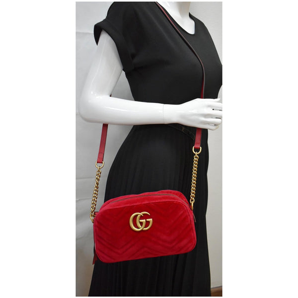 GUCCI GG Marmont Small Velvet Matelasse Crossbody Bag Red 447632