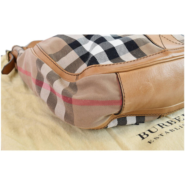 BURBERRY House Check Leather Hobo Bag Brown