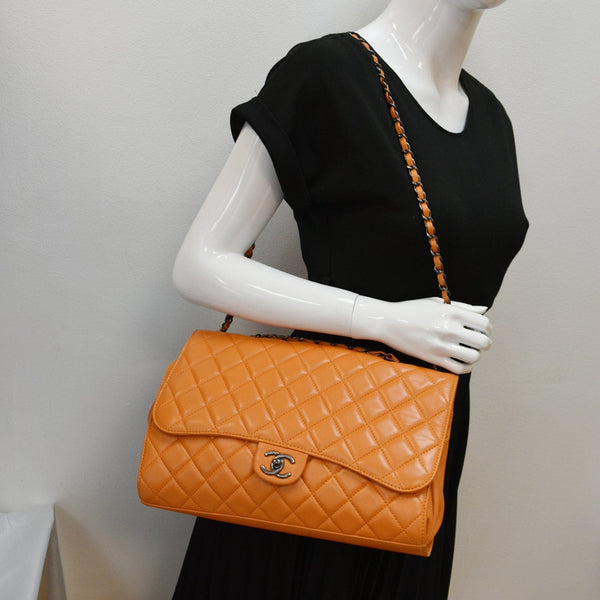CHANEL Classic Flap Drawstring Quilted Lambskin Leather Shopper Shoulder Bag Orange - Hot Deals