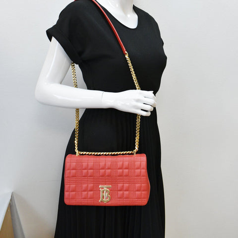 BURBERRY Small Lola Quilted Lambskin Crossbody Bag Primrose Red