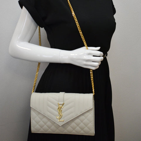 YVES SAINT LAURENT Mix Matelassé Small Grain De Poudre Chain Wallet Crossbody Bag Cream