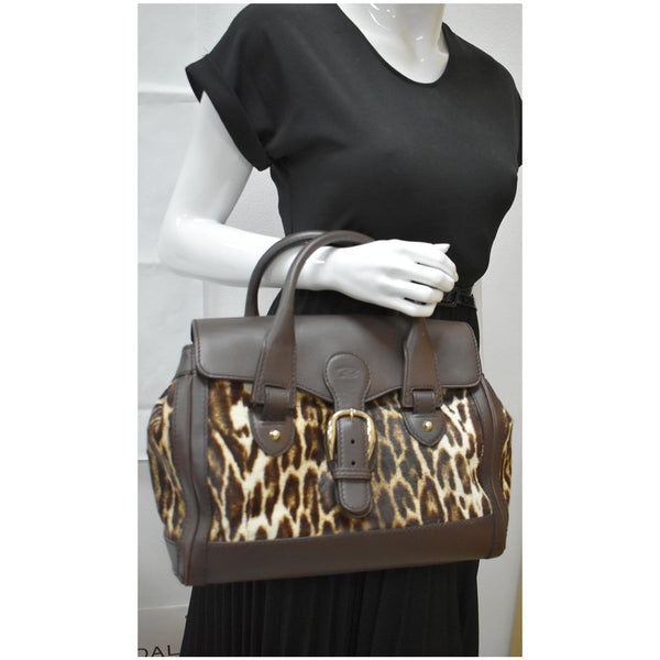 GUCCI Heritage Medium Pony Hair Leopard Print Leather Boston Bag Brown