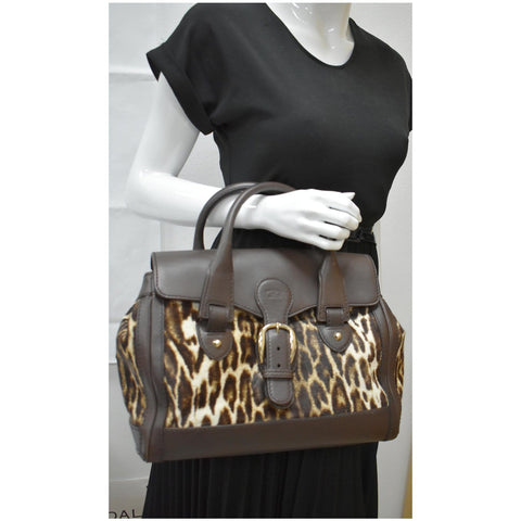 GUCCI Heritage Medium Pony Hair Leopard Print Leather Boston Bag Brown