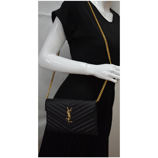 YVES SAINT LAURENT Monogram Envelope Leather Crossbody Chain Wallet Black