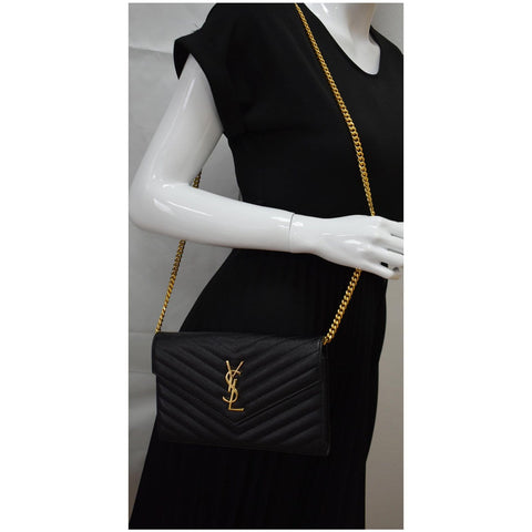 YVES SAINT LAURENT Monogram Envelope Leather Crossbody Chain Wallet Black