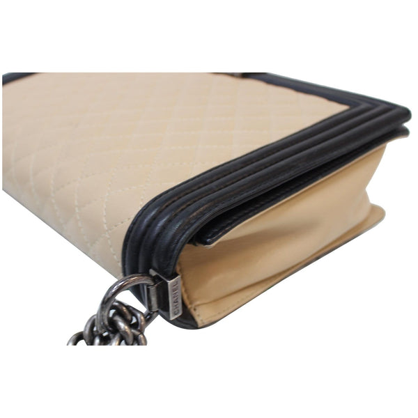 CHANEL Bi-Color Large Boy Flap Quilted Lambskin Leather Shoulder Bag Beige