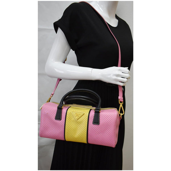 PRADA Bowling Perforated Saffiano Leather Satchel Bag Pink/Yellow