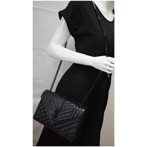 YVES SAINT LAURENT Envelope Mix Matelassé Chain Medium Leather Shoulder Bag Black
