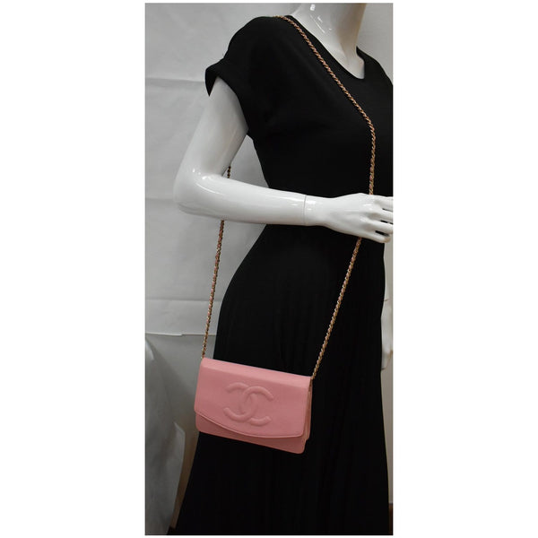 CHANEL Timeless Caviar Leather Wallet On Chain Clutch Crossbody Bag Pink