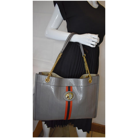 GUCCI Rajah Large Snakeskin Tote Shoulder Bag Dusty Grey 537219 - Last Call