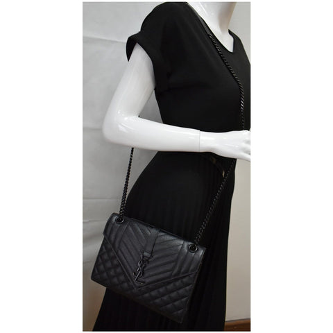 YVES SAINT LAURENT Envelope Mix Matelassé Chain Medium Leather Crossbody Bag Black