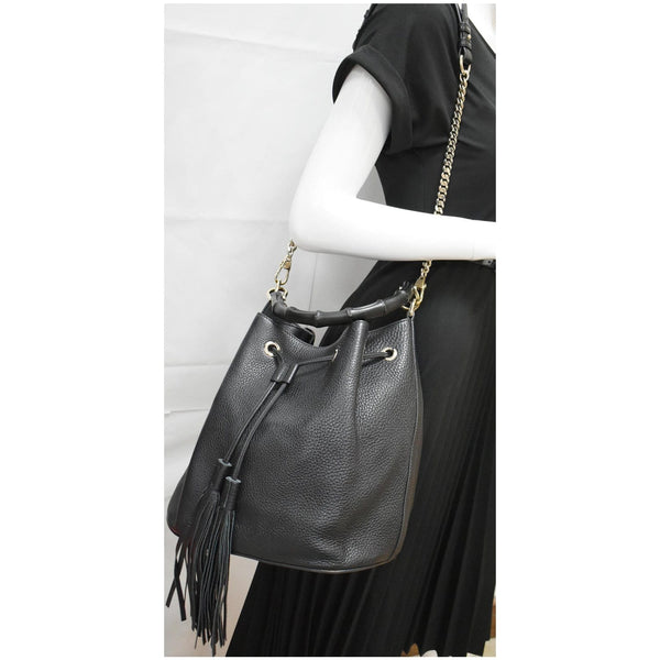GUCCI Miss Bamboo Medium Leather Bucket Shoulder Handbag Black 387613