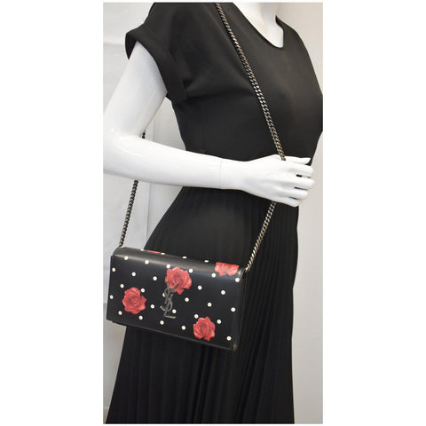 YVES SAINT LAURENT Kate Monogram Polka Rose Print Leather Chain Wallet Black - Final Sale