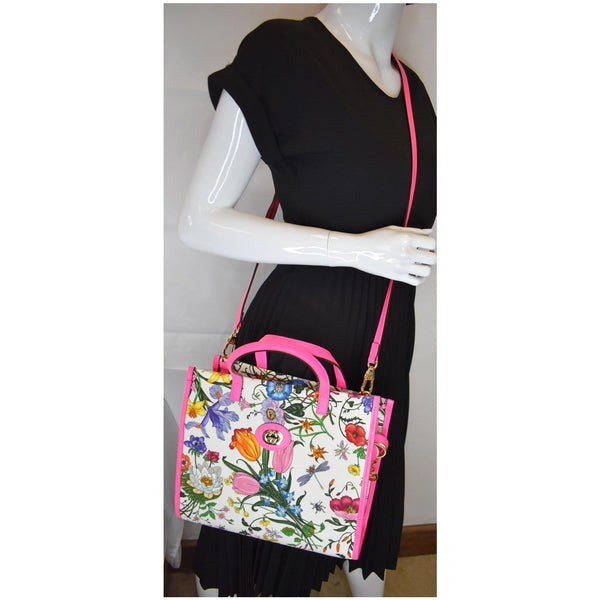 GUCCI Medium Flora Canvas Tote Shoulder Bag Pink 550141