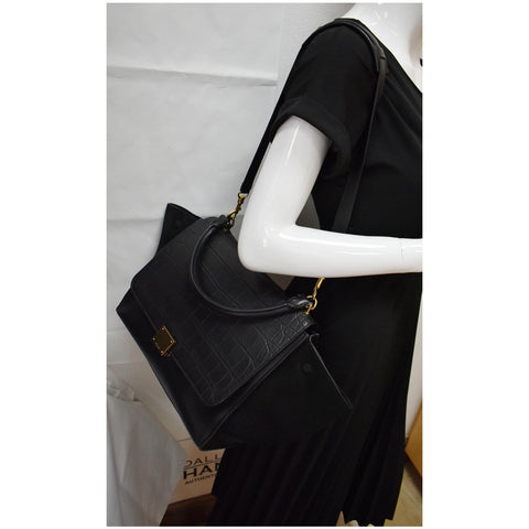 CELINE Trapeze Medium Croc Tote Shoulder Bag Black