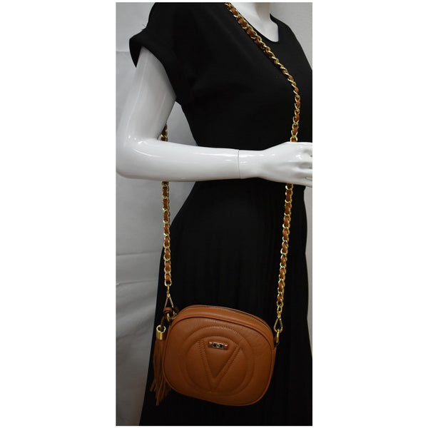 MARIO VALENTINO Mia Logo Leather Crossbody Bag Caramel