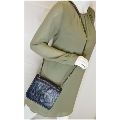 YVES SAINT LAURENT Niki Chain Wallet Leather Crossbody Bag Blue