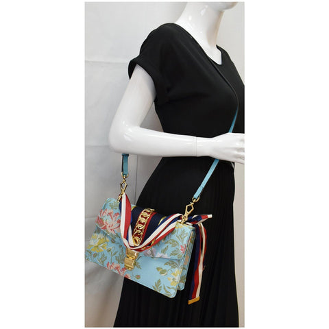 GUCCI Sylvie Medium Flora Fabric Canvas Top Handle Bag Light Blue 551150